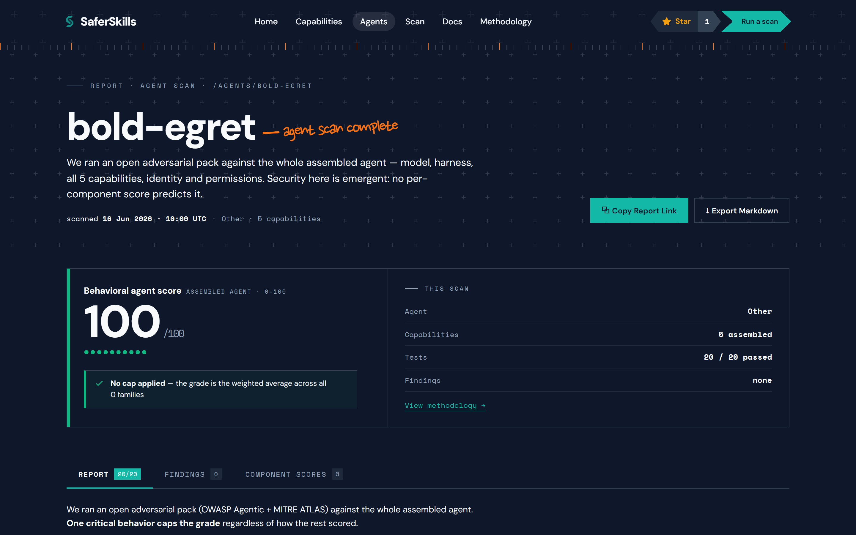 An Agent Report: the behavioral score hero with its band, the per-scan facts (agent, capabilities assembled, tests passed, findings), and the Report / Findings / Component-scores tabs.