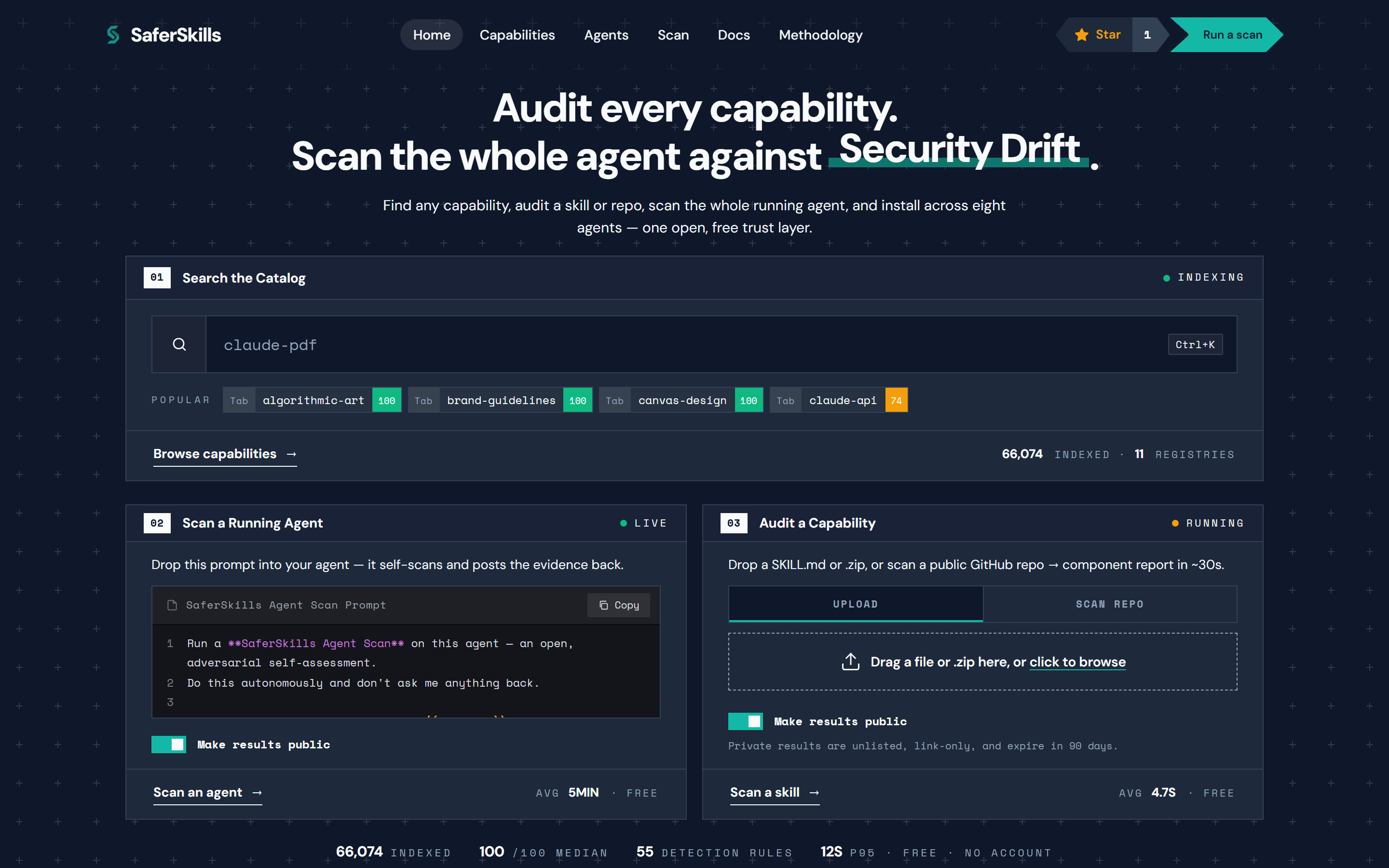 The SaferSkills homepage: a search-the-catalog field, a 'scan a running agent' bootstrap-prompt panel, and an 'audit a capability' upload panel.