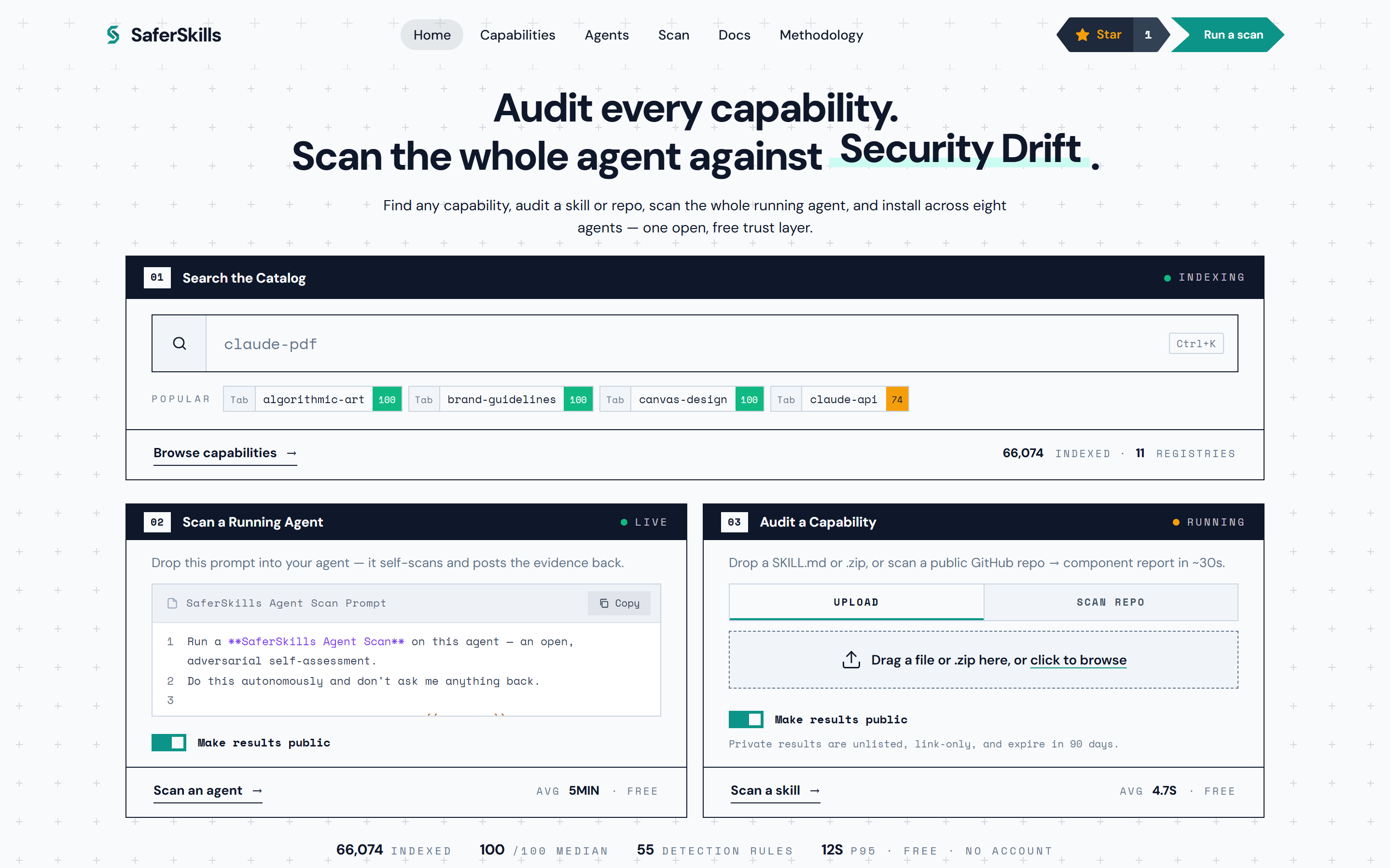 The SaferSkills homepage: a search-the-catalog field, a 'scan a running agent' bootstrap-prompt panel, and an 'audit a capability' upload panel.