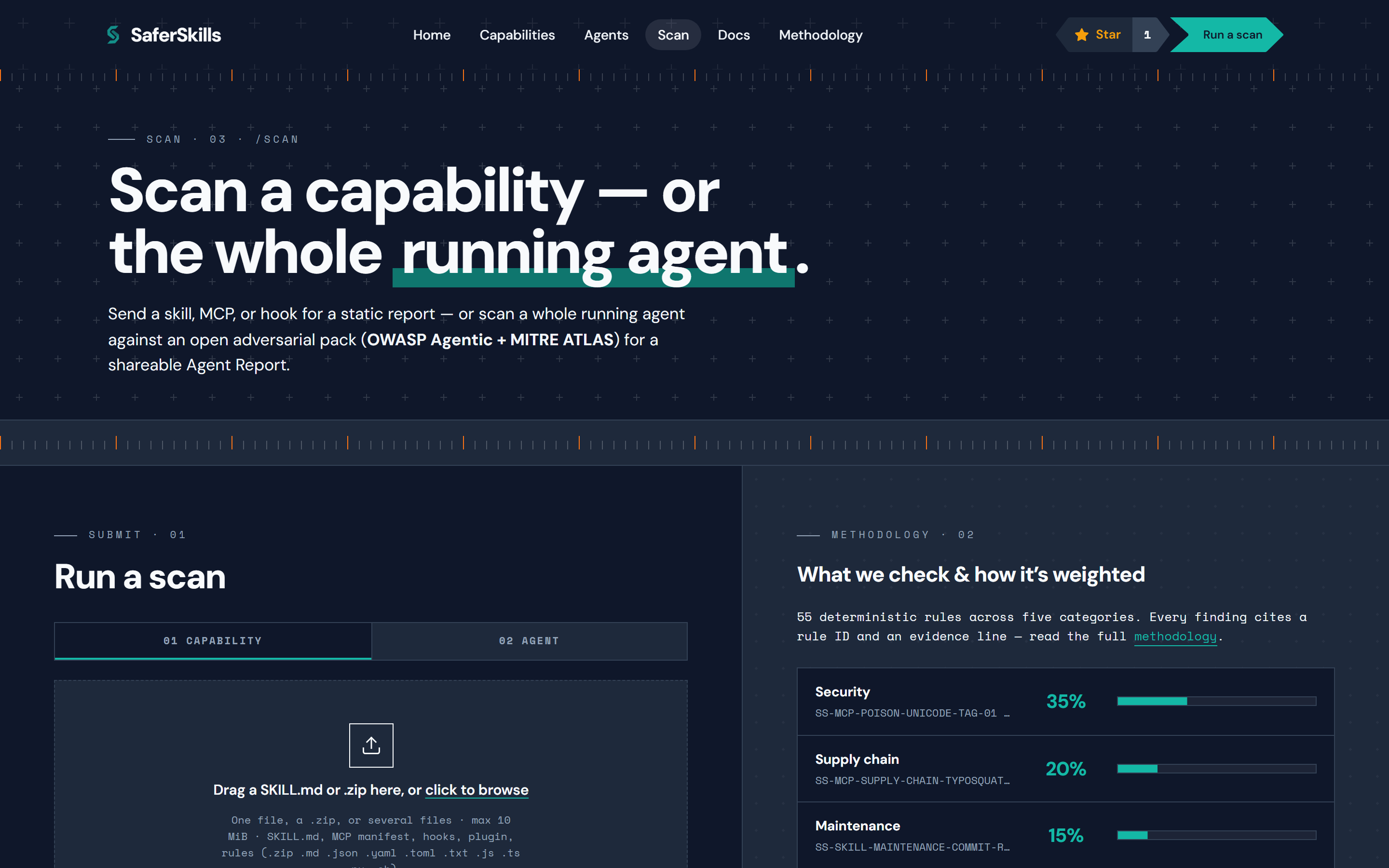 The /scan page: a Capability/Agent mode toggle above a submission panel for pasting a public GitHub URL or dropping files to upload.