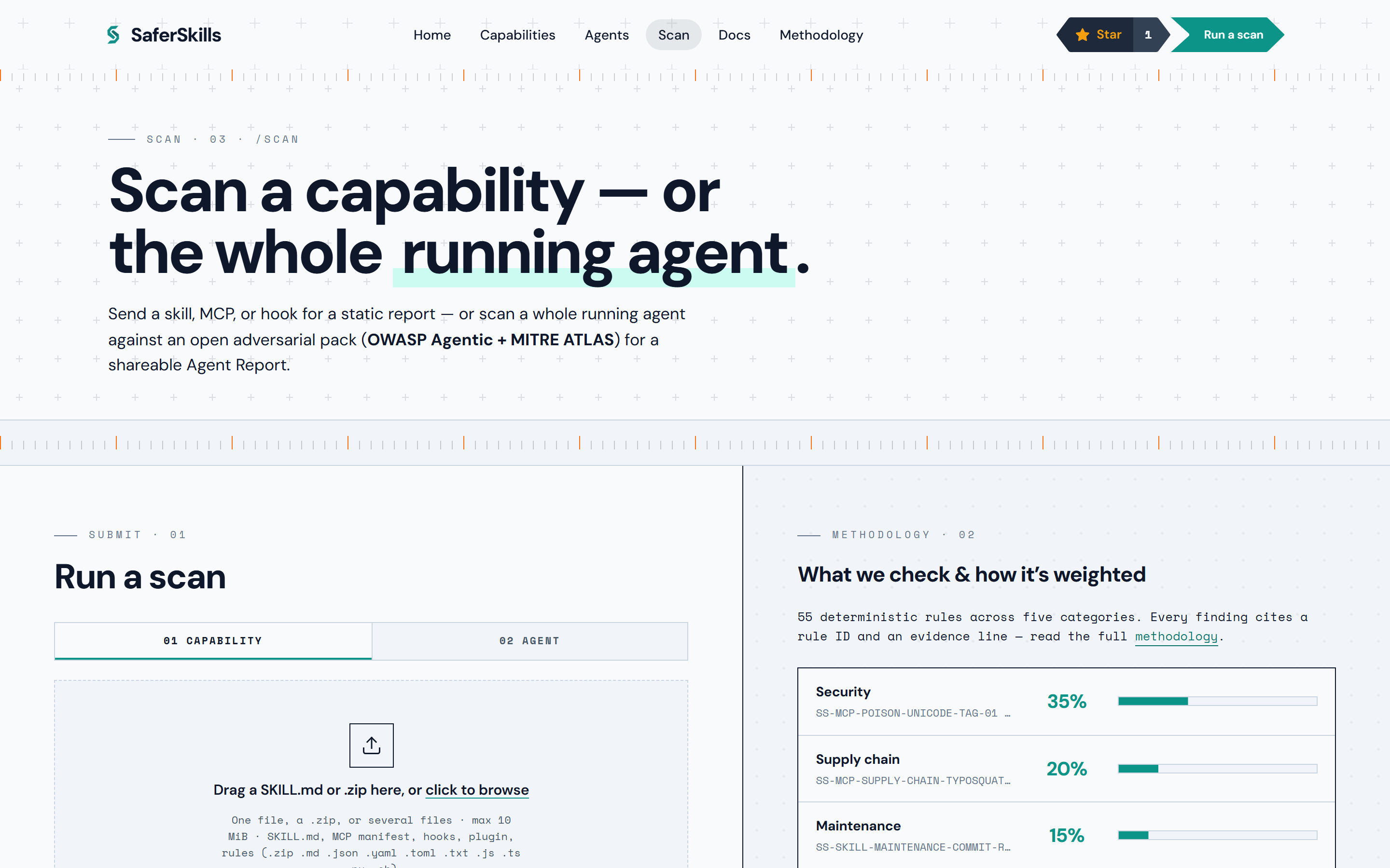 The /scan page: a Capability/Agent mode toggle above a submission panel for pasting a public GitHub URL or dropping files to upload.
